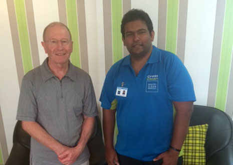 CrestClean franchisee Neil Prasad makes a happy customer of Eyede’s John Newman.