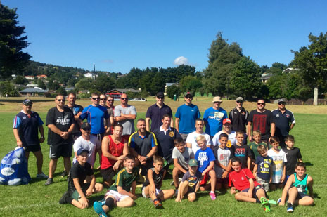 Coaches from Pukekohe with John Leslie and the 12-13 year olds who demonstrated the skills drills at a recent clinic for junior rugby team coaches.