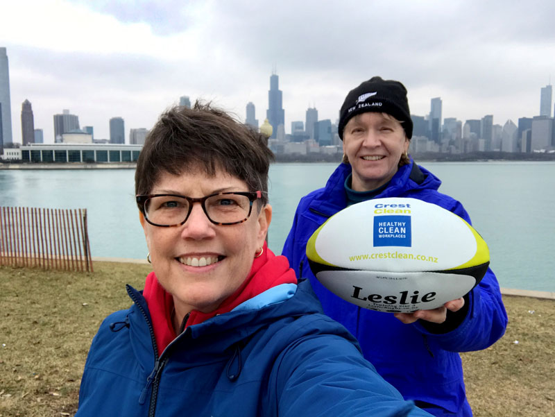 Sister Laurie Brink, Professor of New Testament Studies at the Catholic Theological Union in Chicago, and Sister Betsy Pawlicki, who is on the leadership council for the Dominican Sisters of Sinsinawa. The pair are seen back in Chicago with the rugby balls from CrestClean.