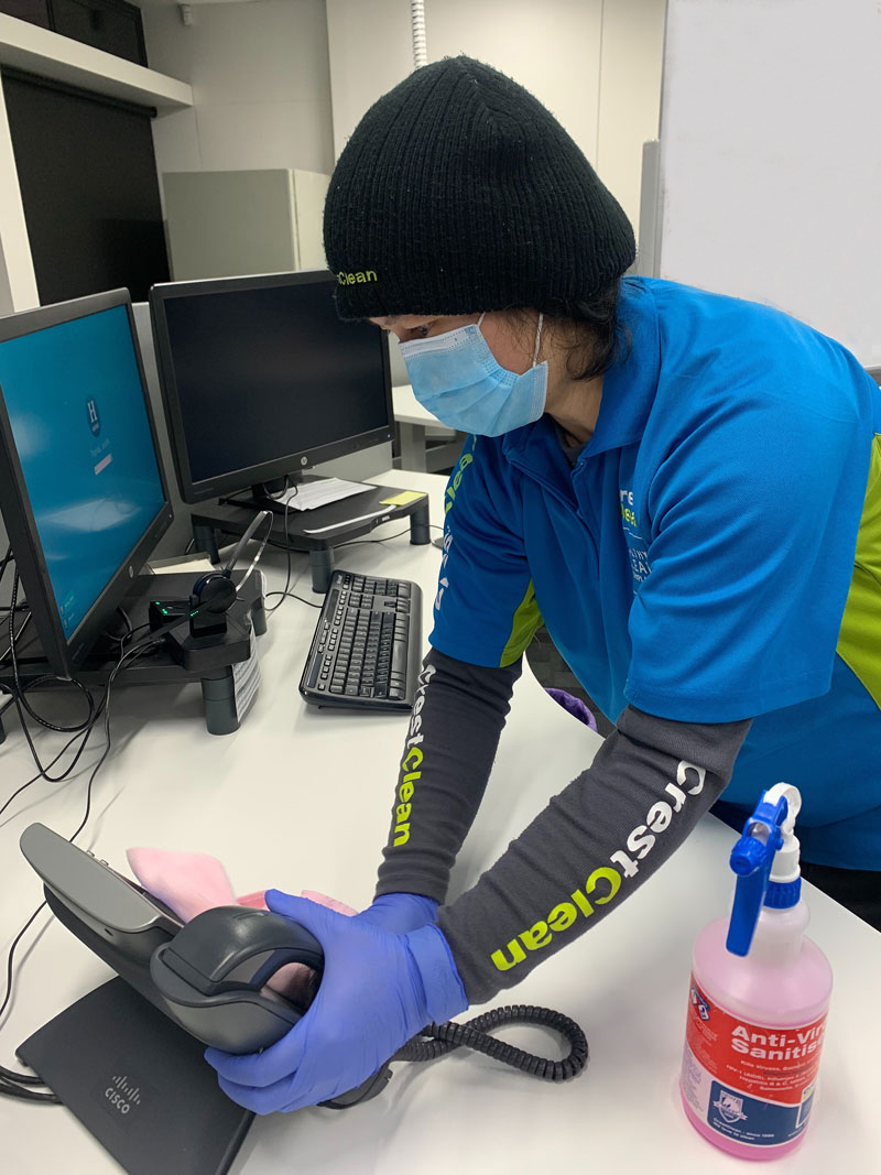 Joy Pombo carrying out CrestClean’s Sanitising Service at the premises of one of her corporate customers in Ashburton.