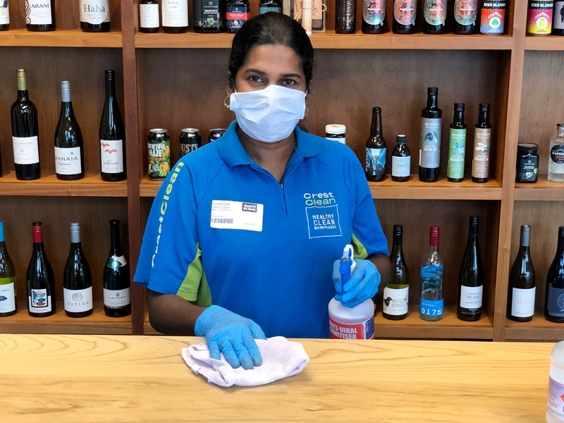 Sunita’s focus is to clean and apply an anti-viral sanitiser to high-touch surfaces.