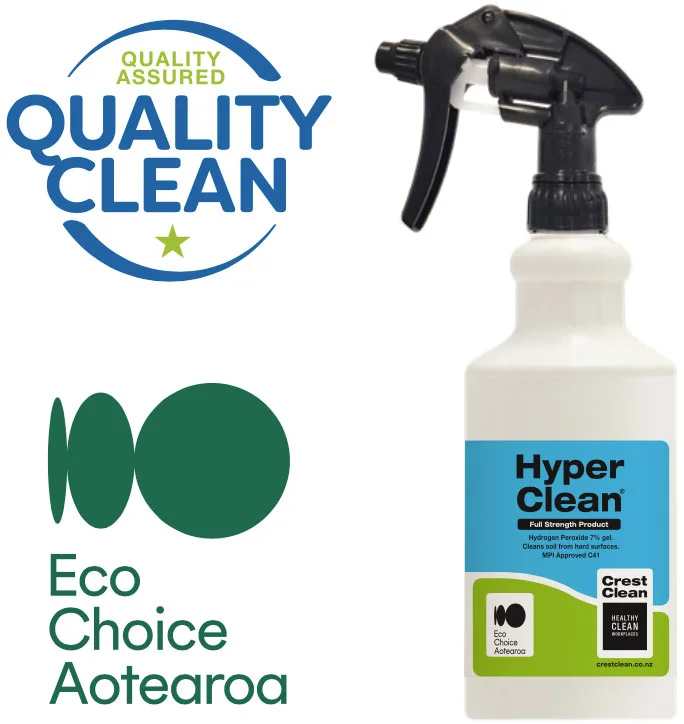 Cluster of Quality Clean and Eco Choice Aotearoa logos and Hyperclean bottle