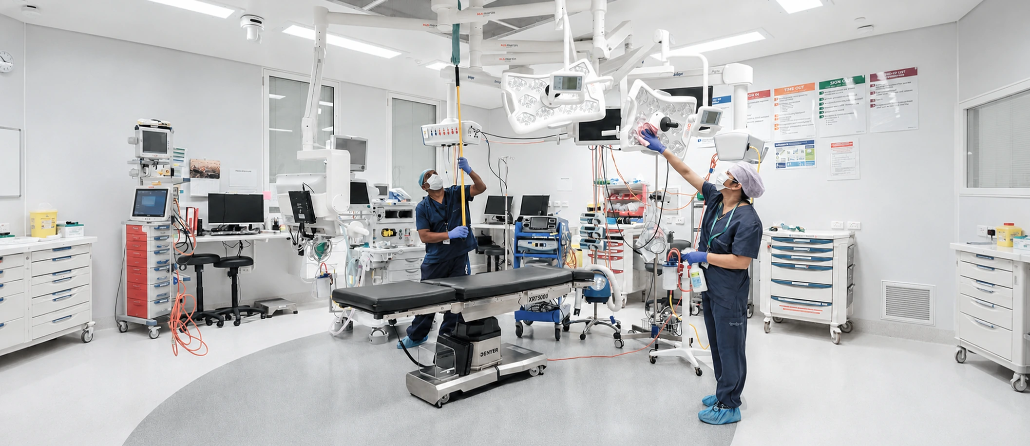 2 cleaners cleaning medical theatre equipment